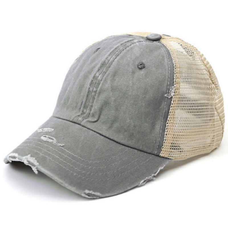 Mulheres Verão Chapéu Patchwork Angústia Messy Bun Rabo de Cavalo Chapéu Do Camionista da Malha Lavado Boné de Beisebol do Hip Hop Feminino Verão Chapéu Snapback: Cinza