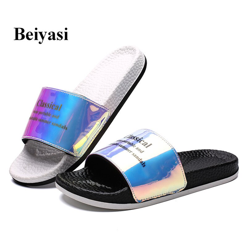 Sommar svarta tofflor herr halkfria tofflor herr mjuka bekväma blanka tofflor koreanska glitterskor zapatos de verano