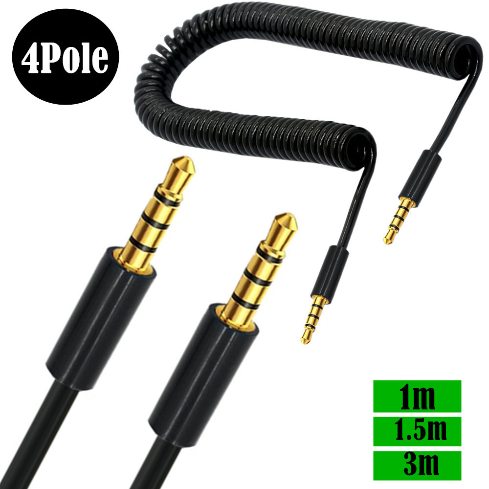 Conector de extensión de 3,5mm, 4, 3 polos, TRRS a TRRS, macho a hembra, macho a macho, auriculares, Audio estéreo, Cable en espiral con resorte auxiliar: Negro / 2 m