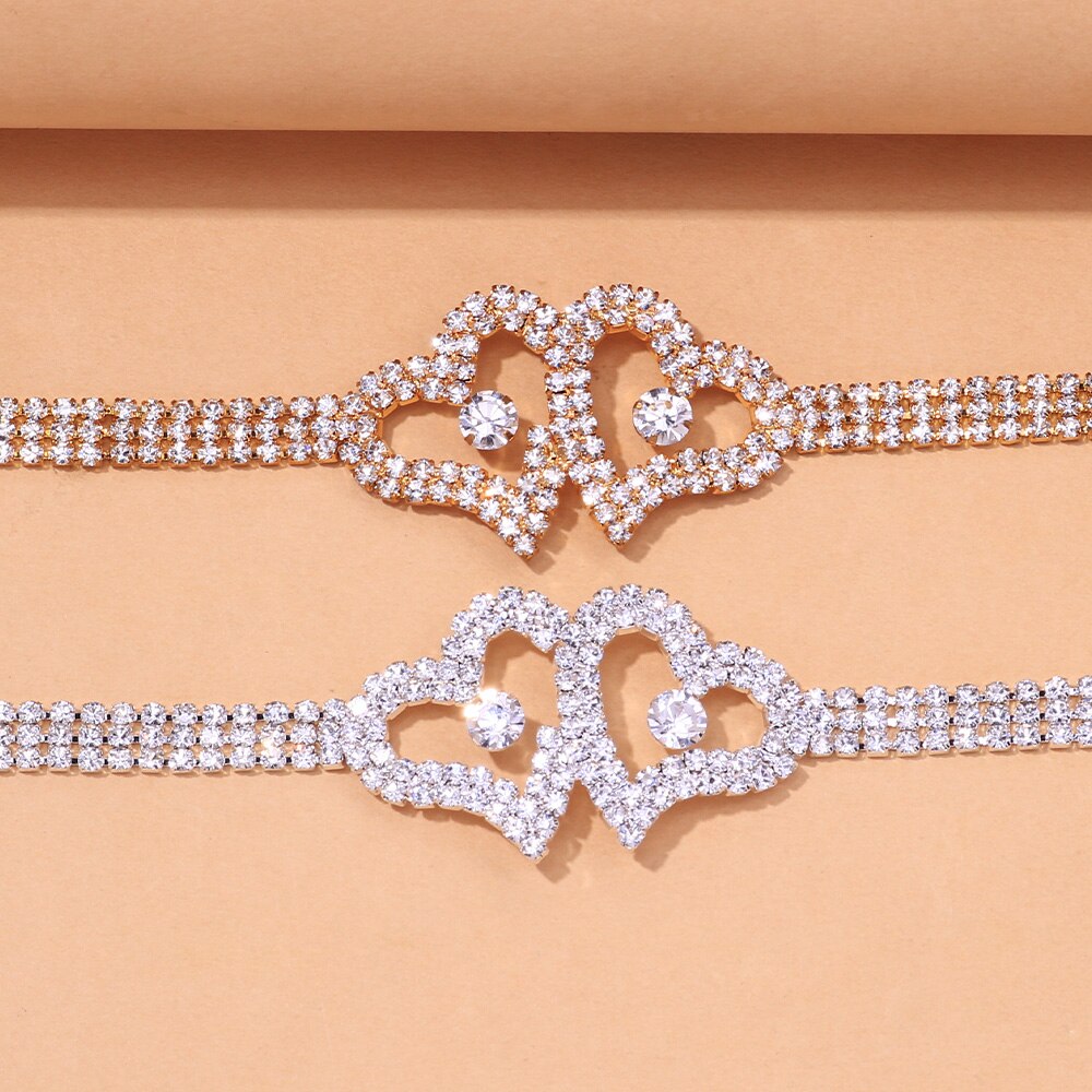 Stonefans-tobillera de corazón doble de diamante de imitación para mujer, pulsera de cadena de tenis de cristal, de joyería