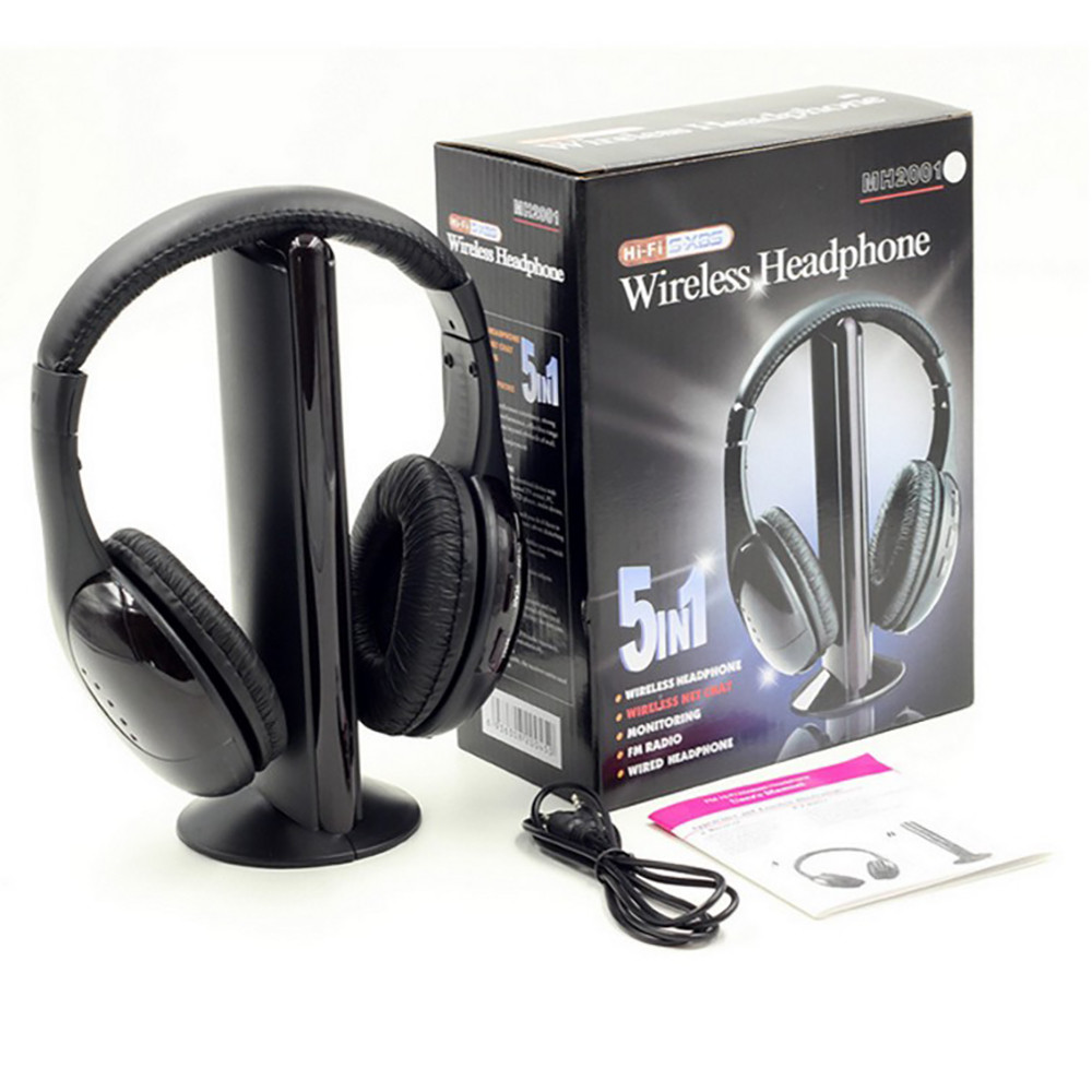 5w1 Hi-Fi słuchawki bezprzewodowe s słuchawki douszne na PC Laptop TV Radio FM MP3 czarne słuchawki gamingowe TV słuchawki bezprzewodowe