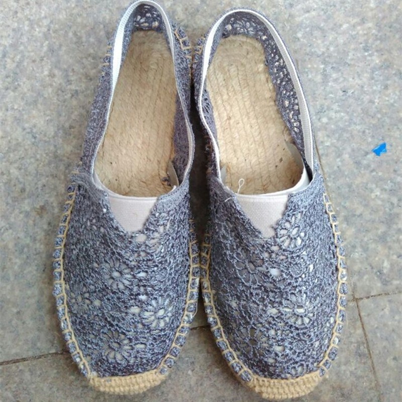 Kvinder lejligheder espadriller blonder halm fisker sko sommer hult hul fritidssko stor størrelse dame hamp reb sandal sko: Grå / 9