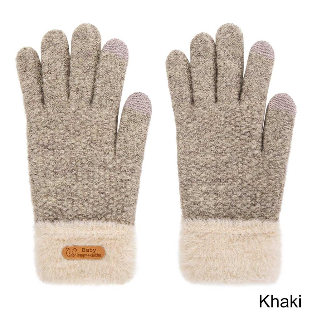 Børns vinterhandsker drenge piger strikkede bløde vintervarme handsker børn, der kan røre ved 5-9 år: Khaki