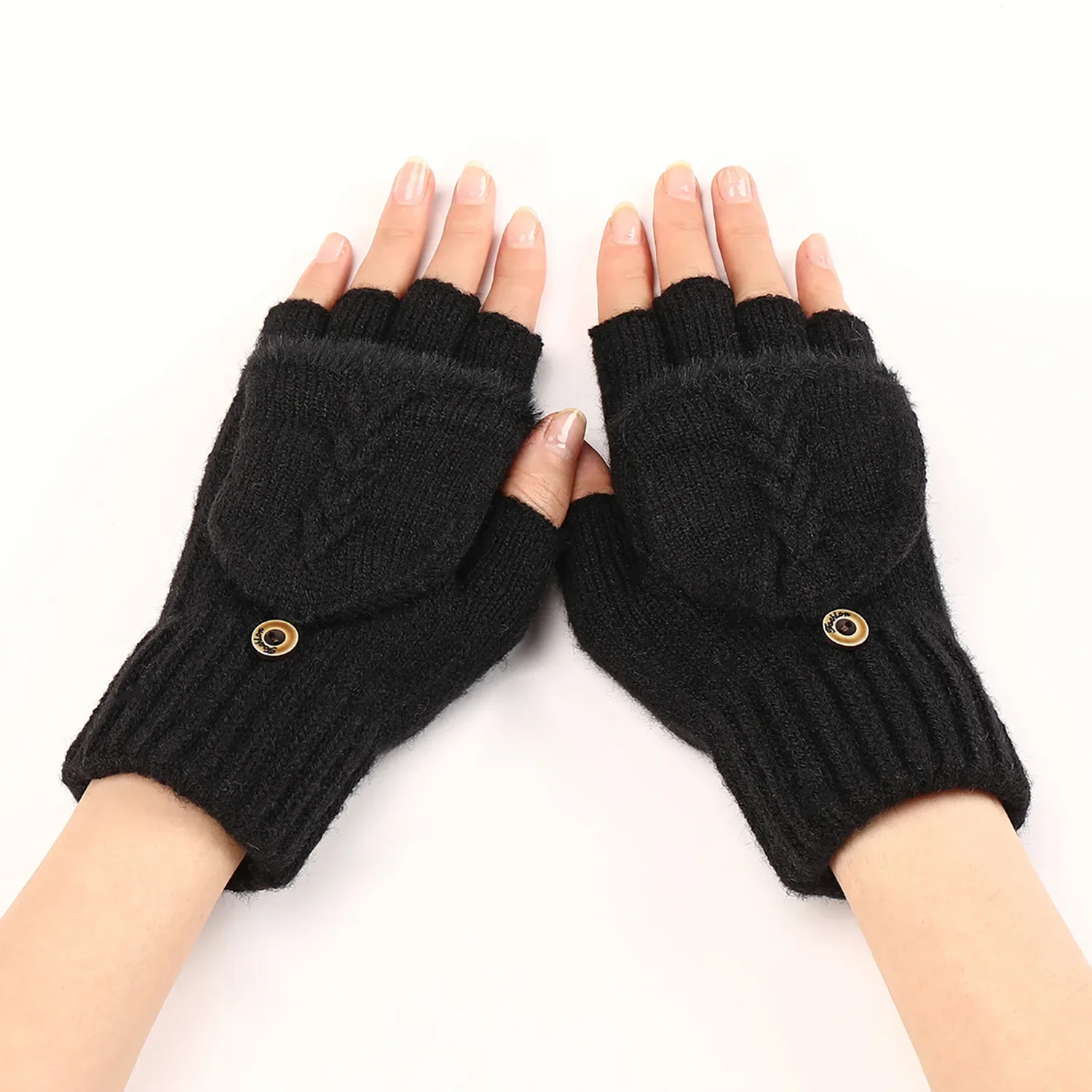 Gants en laine sans doigts pour femmes, tricotés, sans doigts exposés, épais, mitaines chaudes et épaisses pour l'hiver: Black