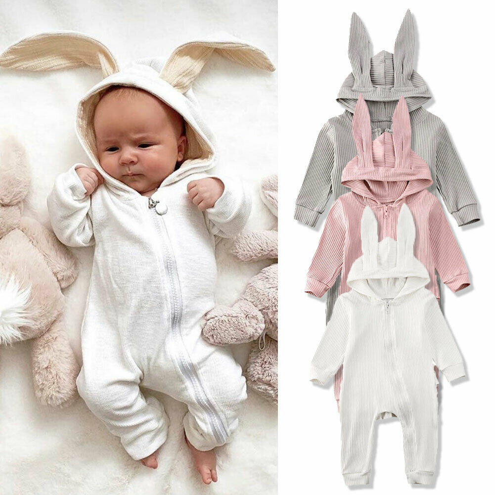 Schattige Kinderen Baby Meisje Jongen Lange Mouw Gebreide Ruches Romper Spirng Effen 3D Oren Capuchon Rits Jumpsuit Overall kleding