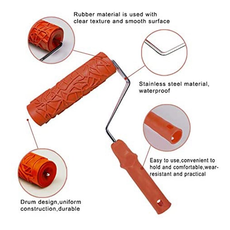 2 Stuks 7Inch Hout Patroon Roller 4Inch Graining Schilderen Tool Met Handvat Reliëf Crack Art Rubber Textuur Roller
