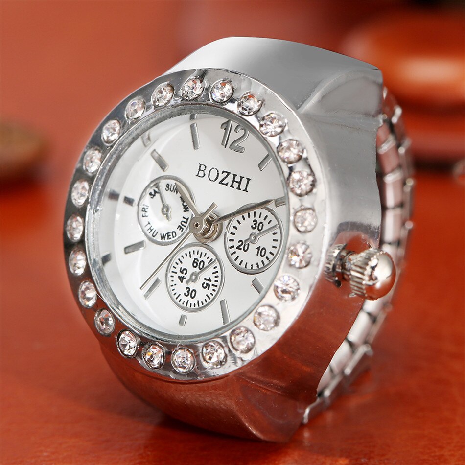 Strass Vrouwen Zilver/Goud/Rose Goud Legering Elastische Band Ring Horloges Quartz Uurwerk
