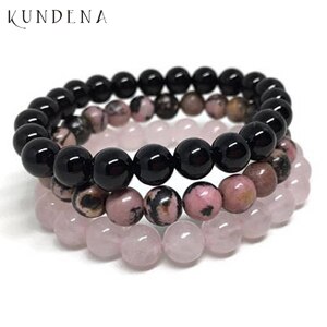 8mm Black Onyx Rhodoniet Rose Quartzs Kralen Pols Mannen Vrouwen Natuursteen armband sets Stapelbaar Mala Armbanden: 16.5 cm