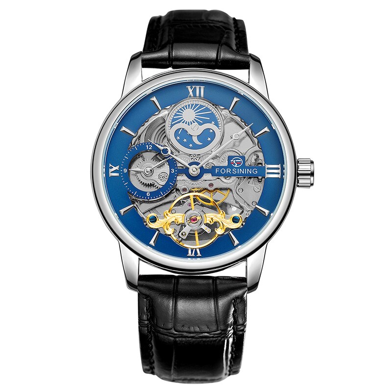 Forsining Klassieke Mode Maanfase Mechanische Horloges Automatische Tourbillon Heren Lederen Horloge Relogio Masculino: Silver Blue