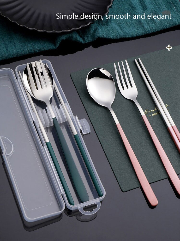 Korean Style 304 Stainless Steel Portable Tableware Set Fork Spoon Chopsticks Three-piece Set Outdoor Travel Tableware Set