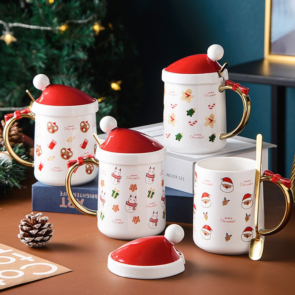 Tapa con forma de sombrero de Navidad, vaso de agua de caballo de cerámica de dibujos animados, oso de muñeco de nieve de Santa Claus con cuchara, taza de café, vasos de , 400ml