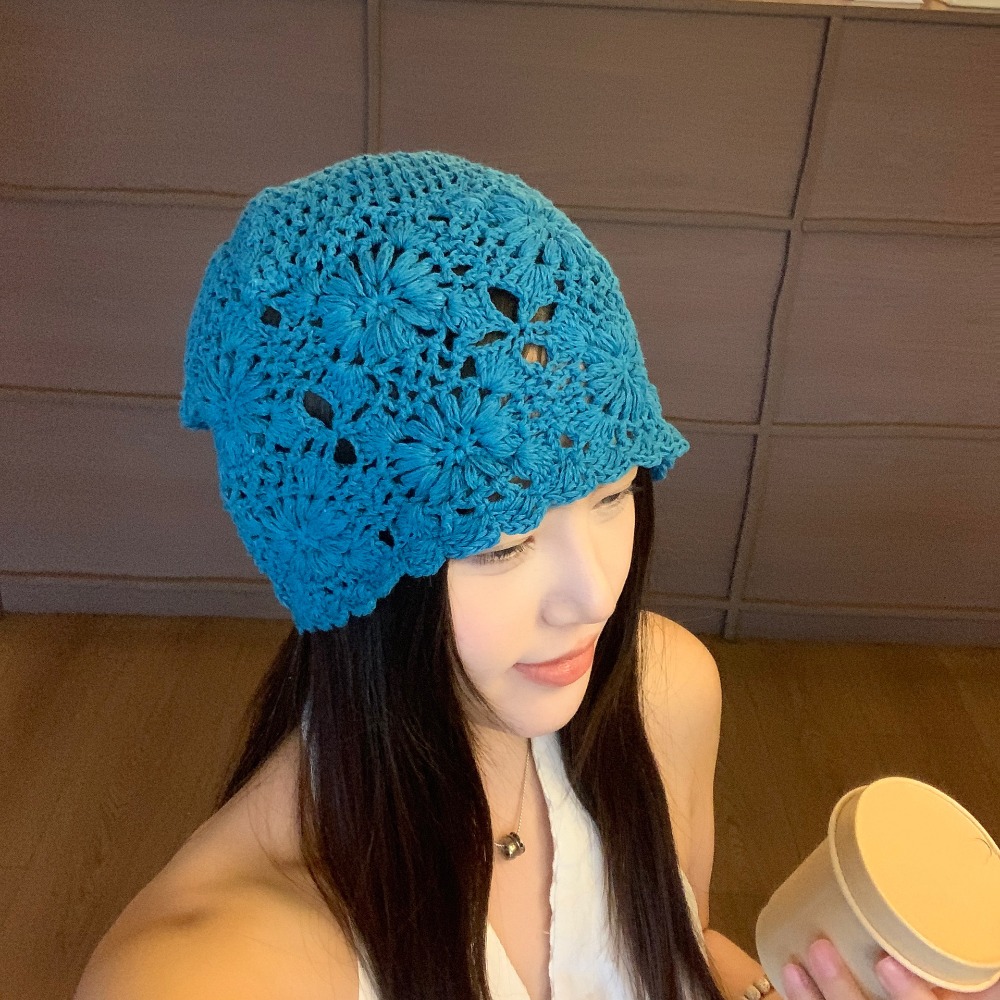 Bohemian Style Crochet Flower Knitted Hat Thin Korean Lace Woven Cap Handmade Apparel Accessories Hollowed Out Beanie Cap Casual