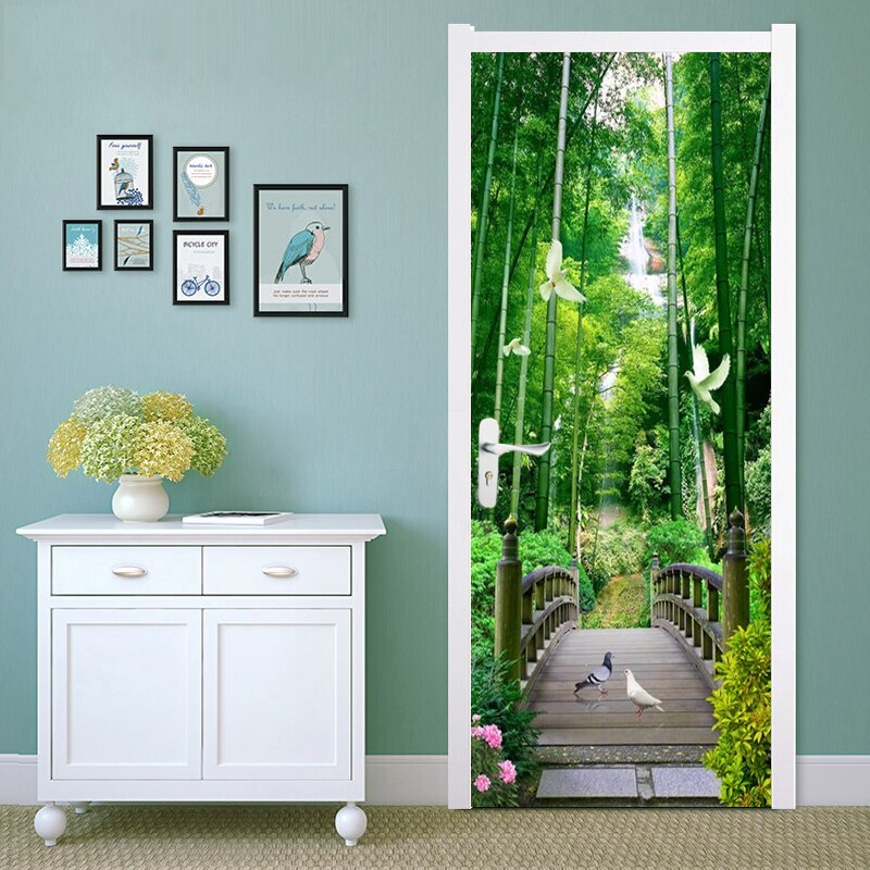 Waterproof Self-Adhesive Door Sticker Bamboo Forest Wooden Bridge Pigeon 3D Photo Wallpaper for Living Room Bedroom Door Mural