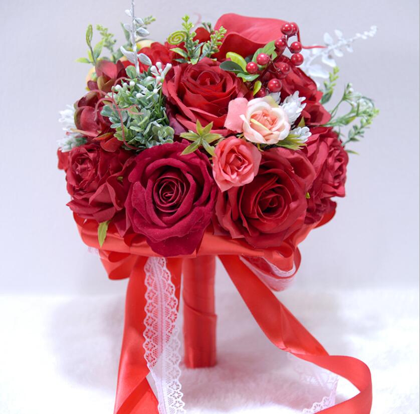 Zijde Rozen Bruidsboeket voor bruidsmeisjes Bruidsboeketten Wit Roze Kunstbloemen Mariage Levert Woondecoratie s163: Red