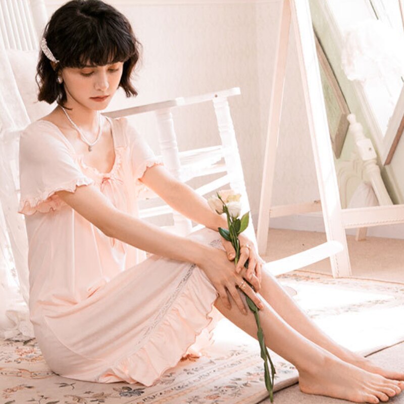 Women Vintage Nightgowns Nighty Cotton Viscose Lace Splice Peignoir Sleepwear White Pink Retro Victorian Night Dress Nightwear