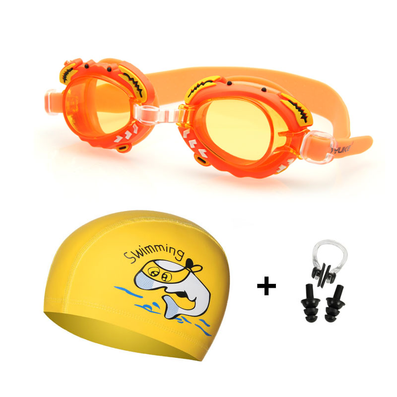 Boy Girl Swimming Goggles Children Silicone Dolphin Fish Caps Ear plug Nose Set Diving Glasses Waterproof Kids Swim Pool Eyewear: Orange Dolphin