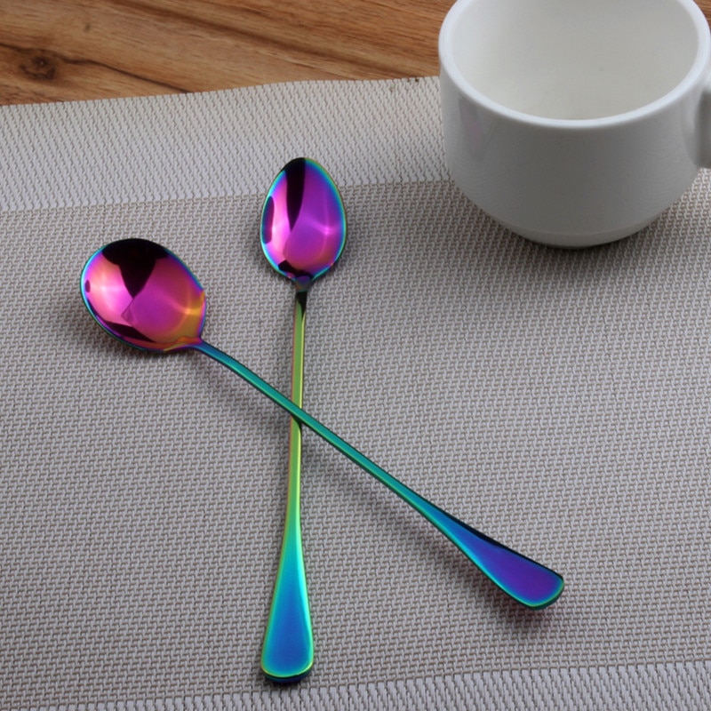 Keythemelife 1Pcs Rainbow Coffee Spoon Stainless Steel Scoop Cold Drink Fruit Long Ice Scoop for Christmas A