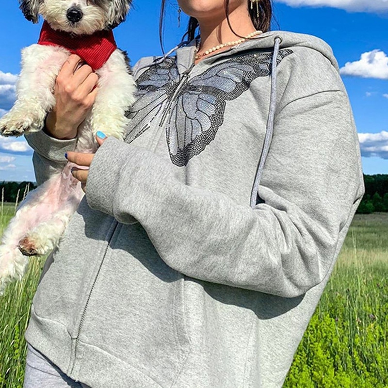 Y2K Oversized Butterfly Graphic Rhinestone Zip Up Hoodies E-girl 90s Streetwear Diamond Grey Long Jacket Autumn Spring