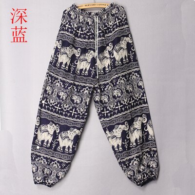 Bandana popular tailandesa de algodón para verano, Pantalón ancho holgado con cordón en la cintura de elefante, pantalones para correr en la playa: navy blue photo 2