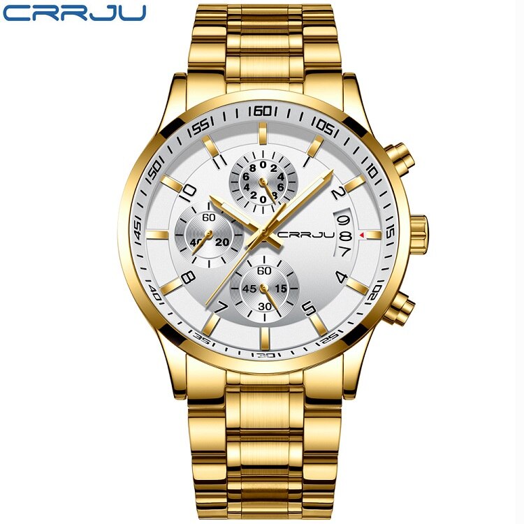 CRRJU cronógrafo relojes duraderos hombres Casual negocios impermeable oro negro Acero completo cuarzo reloj Relogio Masculino 2214: gold white