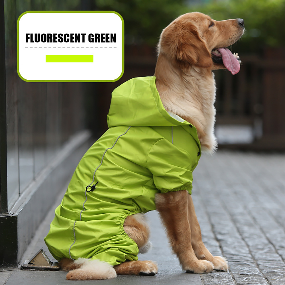 Large Dog Outdoor Hooded Overalls Raincoat Clothes Waterproof Rain Jumpsuit For Big Medium Small Dogs Golden Retriever Labrador: Fluoresent Green / S