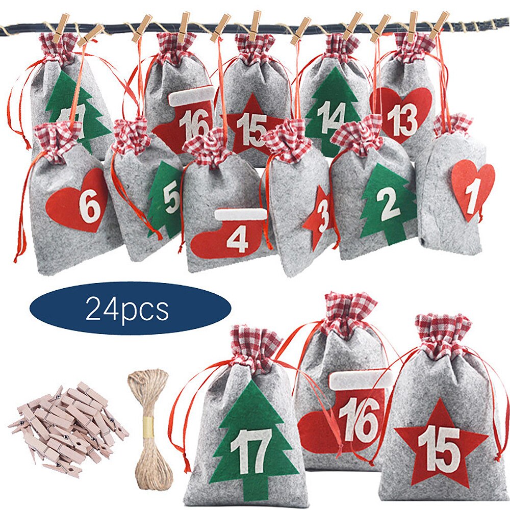 24 stk jul adventskalender håndværk stof taske jul nedtælling kalender hængende filt slikposer år xmas dekor: Default Title