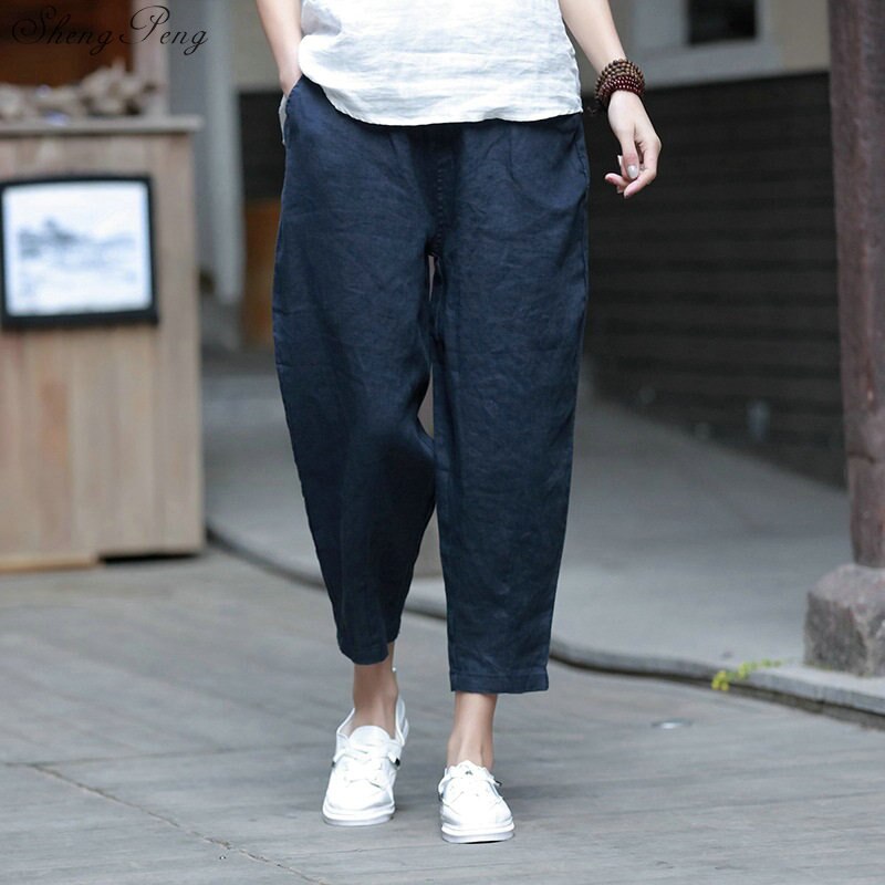 Pantalones bombachos elegantes de lino y algodón para mujer, pantalón de trabajo de cintura elástica con bolsillos, informales, color sólido, talla grande, Q755