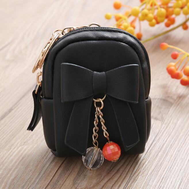 Ladies key bag small school bag bow pendant zipper coin purse mini purse: Black