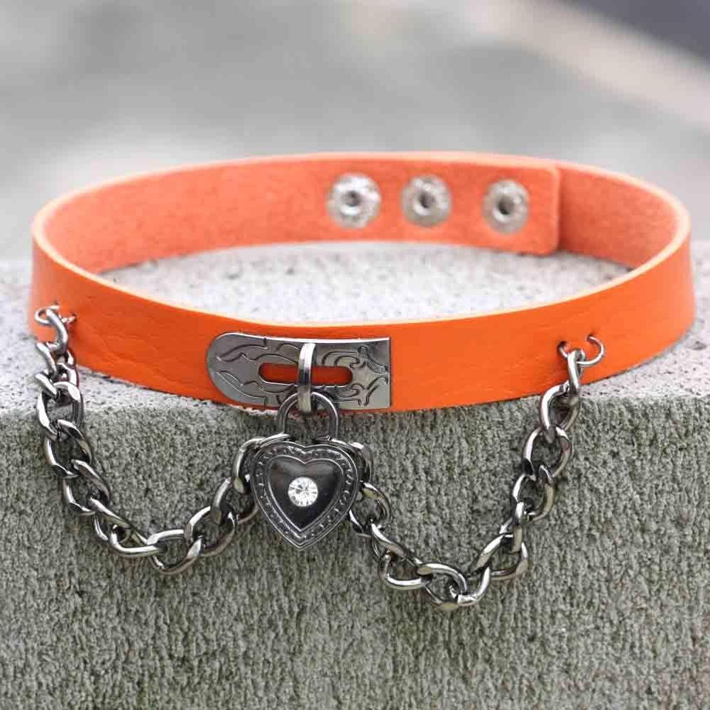 Punk Herz Anhänger Kette Spike Kragen Gothic Leder Halsband Schnalle Halskette: orange