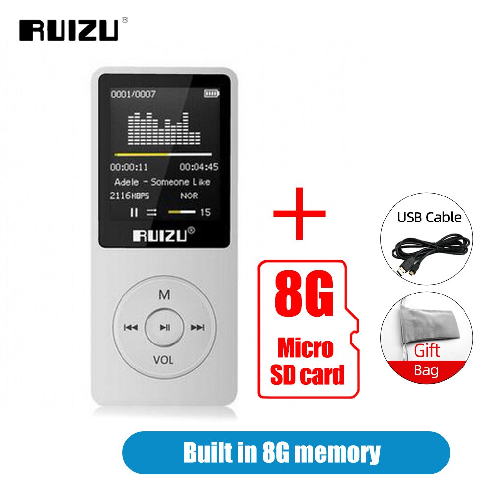 Ruizu X02 MP3 Player 8GB Portable Music Walkman Ultrathin Lossless Sound Music Media MP3 Players With FM Radio E-book Recording: White Add 8G Card