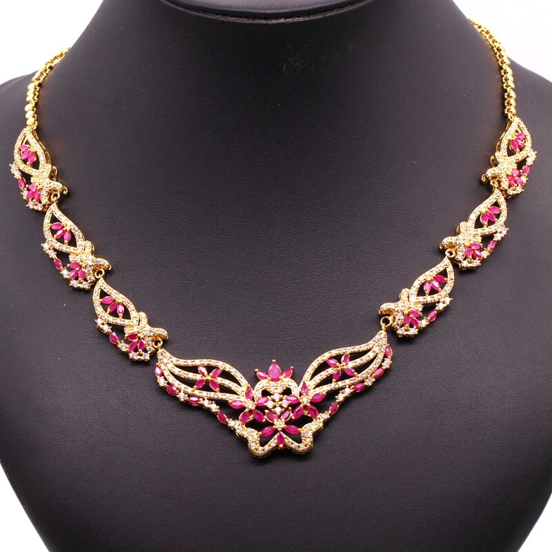 Luxury Female Costume Jewelry Set for Women Yellow Gold Color Red Green Zircon Necklace Earrings Wedding Set