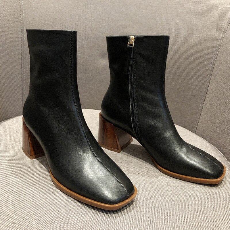 Botines para mujer Beige/Negro 6cm tacones altos mujer Zip botas invierno mantener Plush botas Casual zapatos dama calzado