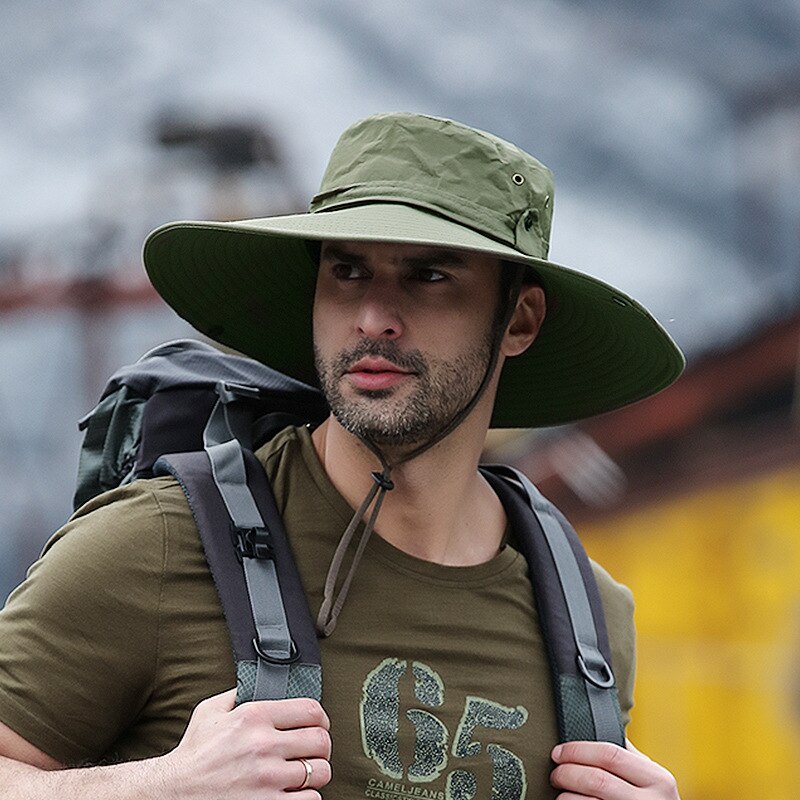Waterproof Bucket Hat For Male Summer Anti UV Sun Hats Outdoor Men Hiking Fishing Caps Long Wide Brim Panama Beach Hat: Army Green