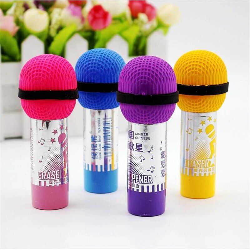 1Pcs Cute Cartoon Stationery Rubber Microphone Eraser Pencil Sharpener 2 in1 Combination Office Supplies School supply