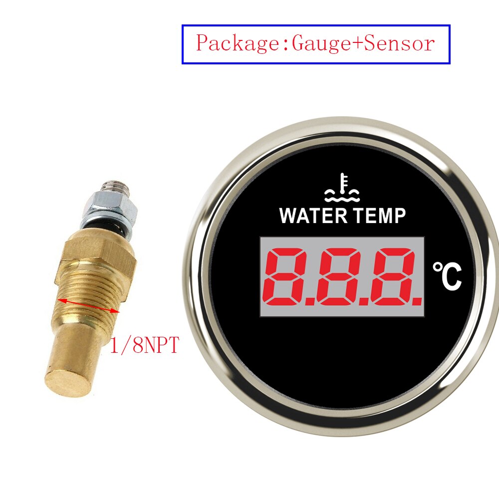 100% Digital Water Temperature Gauge with Sensor 1/8 NPT Water Temp Sensor Red Backlight 52MM Gauge Indicator for Marine Boat: Black Silver