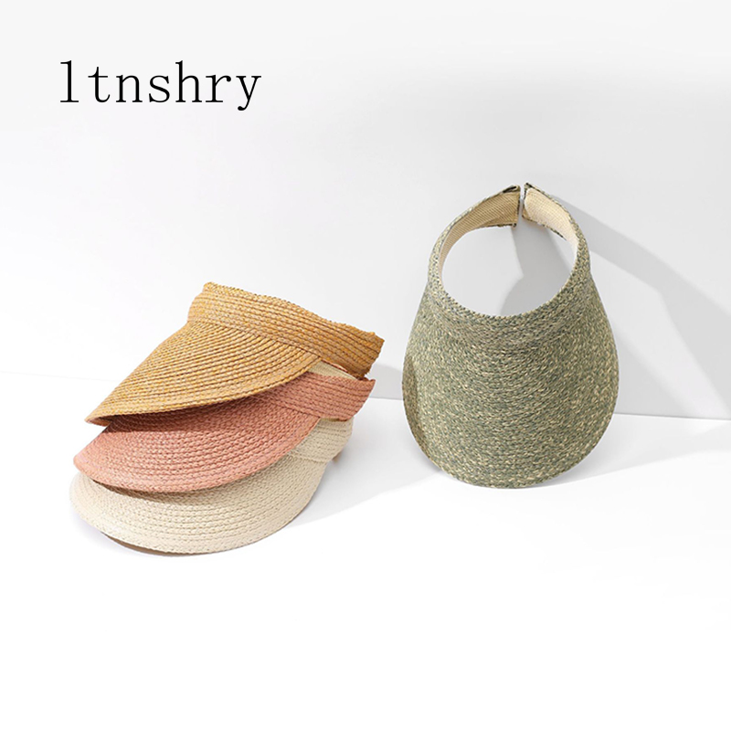 2022 New Sun hat Wide Brim Solid Color Women Empty Top Hat Spring Summer Outdoor Headband Straw Hat Beach Cap Anti-UV