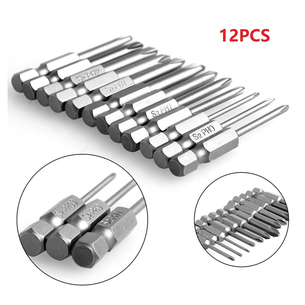 Adaptateur de douille à Impact pour outils électriques, embouts de tournevis cruciforme à tige hexagonale magnétique S2 en acier allié PH 50mm 1/4 pouces 12 pièces