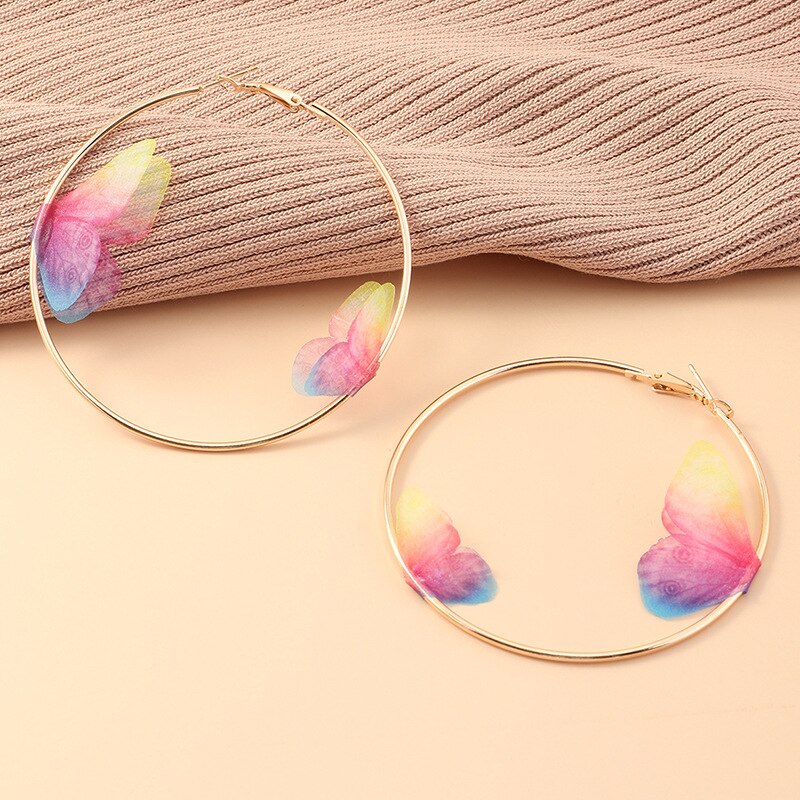 Mooie Dubbele Vlinder Oorbellen Europese Zomer Meisjes Multicolor Grote Ronde Cirkel Gold Hoop Oorbellen Sieraden Voor Vrouwen: 01Multicolor