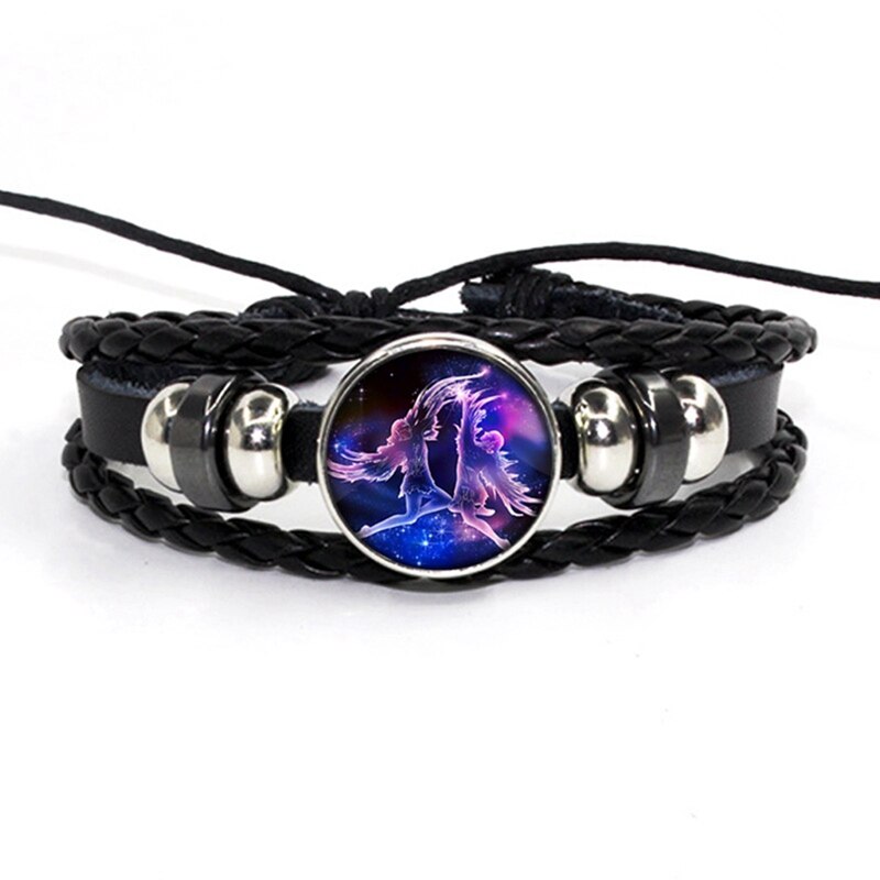 Luminosos 12 signos del zodiaco pulsera que brillan en la constelación oscura cabujón de cristal botón a presión pulseras de cuero de cumpleaños: 9-Gemini