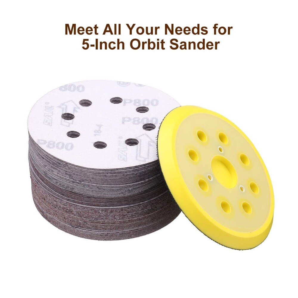 50 Pcs 5 Inch 8 Hole Sandpaper Sanding Disc Hook and Loop With 1 Pcs Random Orbit Sander Sanding Pad Abrasive Backing Pad