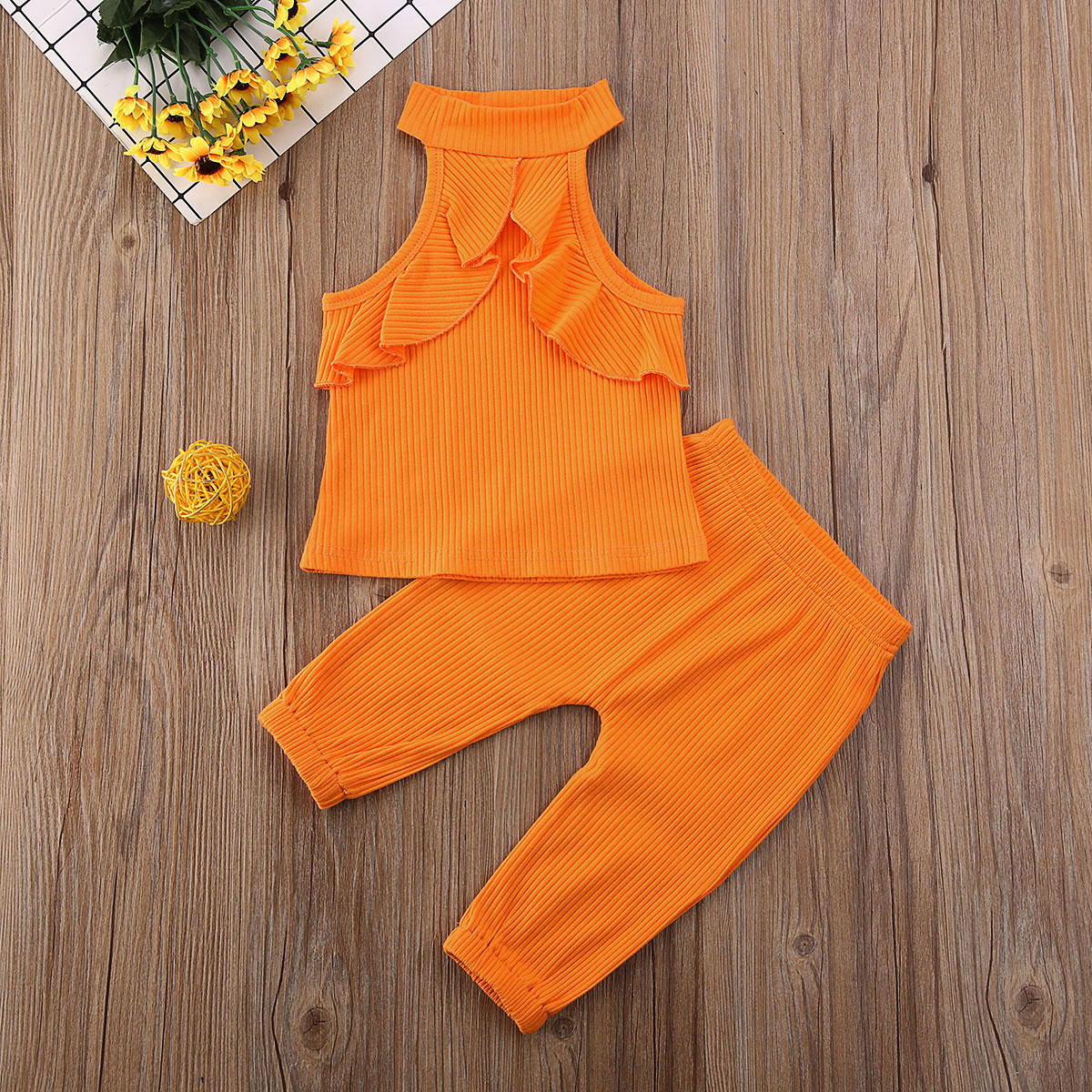 Pudcoco Del Bambino Del Bambino Vestiti Della Ragazza Senza Maniche di Colore Solido Dell'increspatura Della Maglia Magliette e camicette Pantaloni Lunghi 2Pcs Outfit Lavorato A Maglia Vestiti di Cotone Set