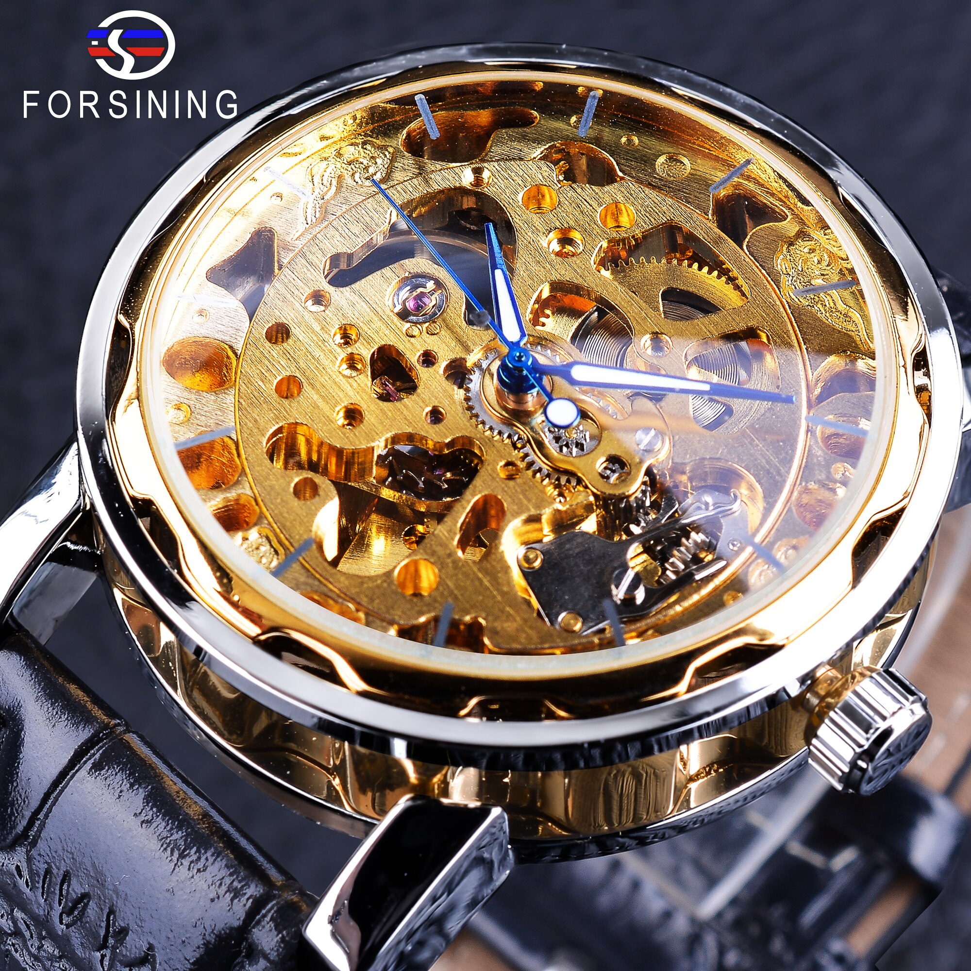 Forsining retro automatische zelfopwindende horloges gouden zwarte display heren skelethorloges topmerk luxe lichtgevende wijzers