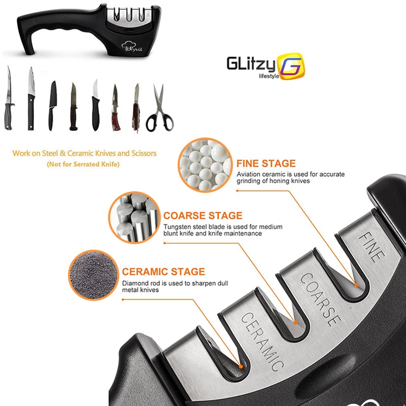 Aiguiseur de Couteau Anti-Dérapant 3 en 1 Affûteurs manuels Convient à Toutes les Tailles de Couteaux de Cuisine 3 Processus d'Aiguisage Anti dérapant Finition Mat Noire Ergonomique