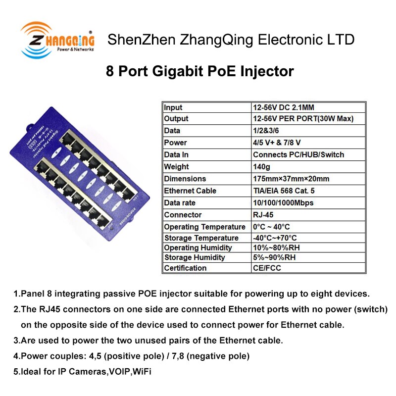 Adaptateur 24 v 60w a ca avec injecteur poe passif gigabit 8 ports pour ubiquiti et mikrotik