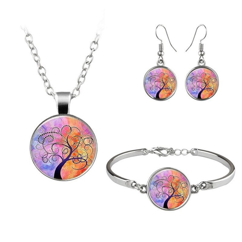 Baum des Lebens Kunst Foto Schmuck einstellen Glas Anhänger Halskette Ohrring Armbinde Völlig 4 Stck für frauen Mädchen charme: Ursprünglich Titel
