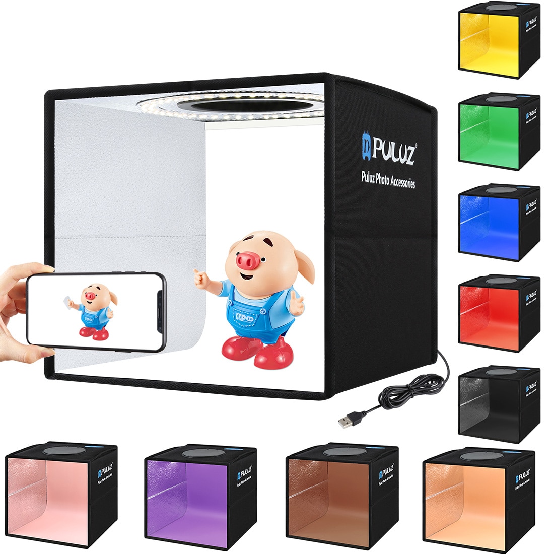 24.5Cm Desktop Fotostudio Fotografie Softbox Met Led Ring Lamp Licht En 6 Stuks Dubbelzijdig 12 kleuren Achtergrond Papier