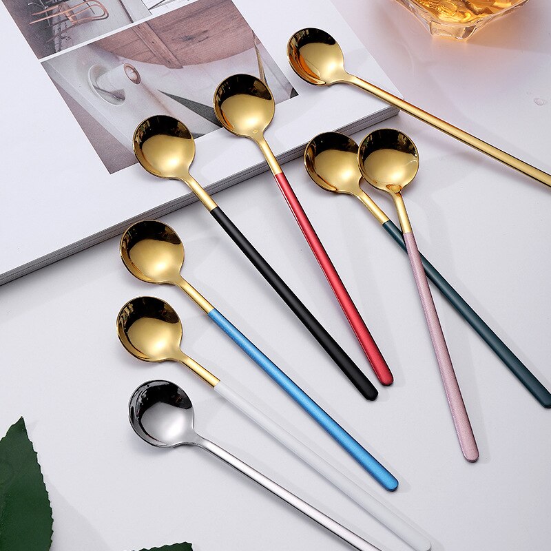 Long Handle Stainless Steel Dinnerware Spoon Tea Spoon Dessert Coffee Ice Cream Spoons Kitchen Accessories Bar Tools