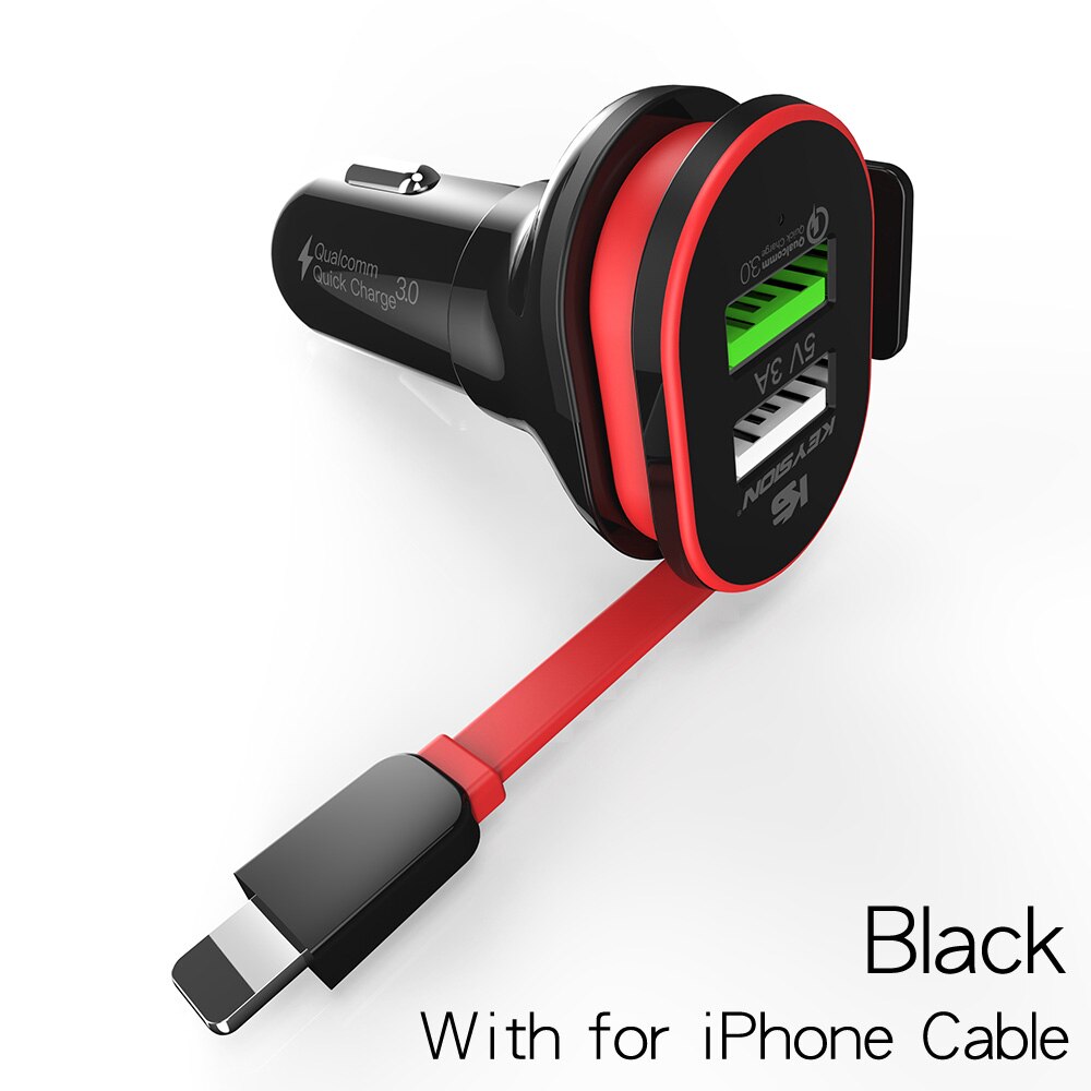 KEYSION-cargador rápido 3,0 para coche, adaptador de viaje para teléfono móvil con Cable, QC 3,0 + 5V/3A, 33W, 2 puertos: Black for iPhone