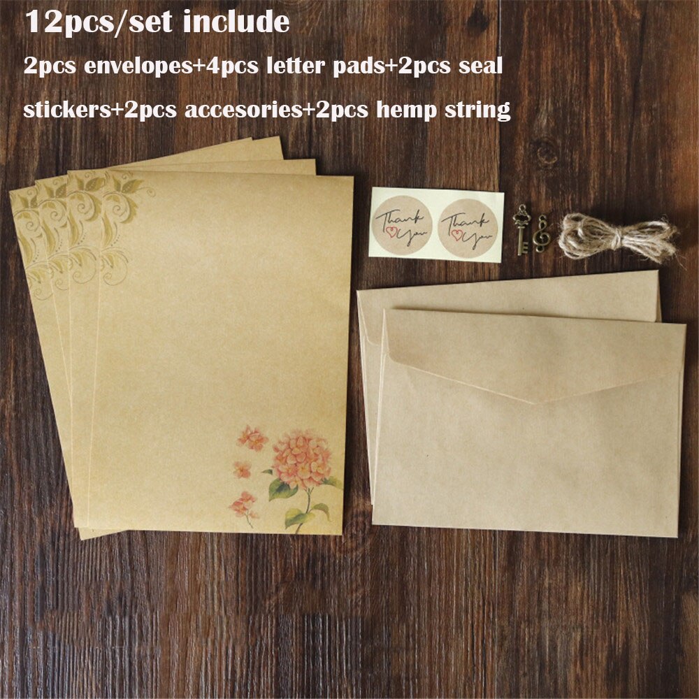 1 pack Kraft Envelope Letter Pad Set Vintage Letter Pads Writing Paper with Rope Wedding Party Invitation Envelopes Message Pads: F
