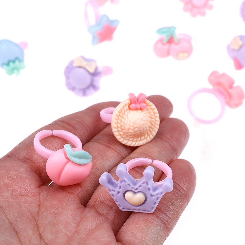 12pcs Mix Cartoon Flower Assorted Resin Plastic Pink Baby Kids Girl Children's Rings With Heart Box Jewelry